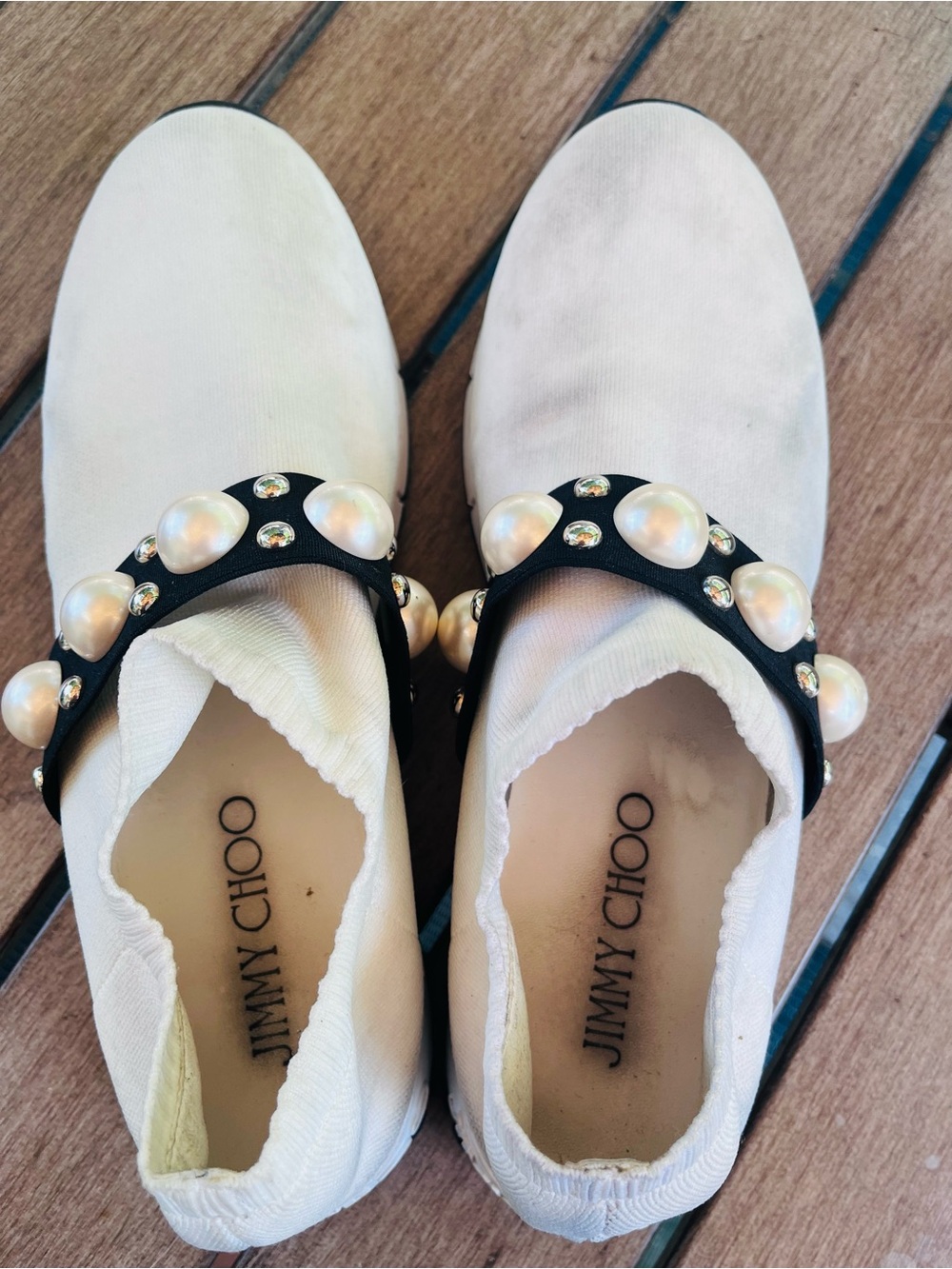 Jimmy Choo Cream Slip-On Flats with Black Pearl-Studded Strap